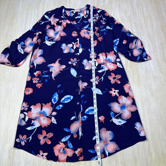 41 Hawthorn Blue Pink Floral Button Front Roll Tab Sleeve Casual Shirtdress LG - Picture 13 of 16